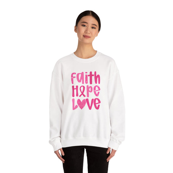 Pink Faith Hope Love Crewneck Sweatshirt, Inspirational Gift, Support Breast Cancer Awareness, Cozy Fashion, Everyday Wear