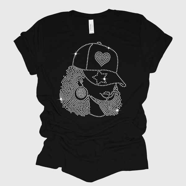 Afro Girl Heart and Star Rhinestone Bling T-Shirt