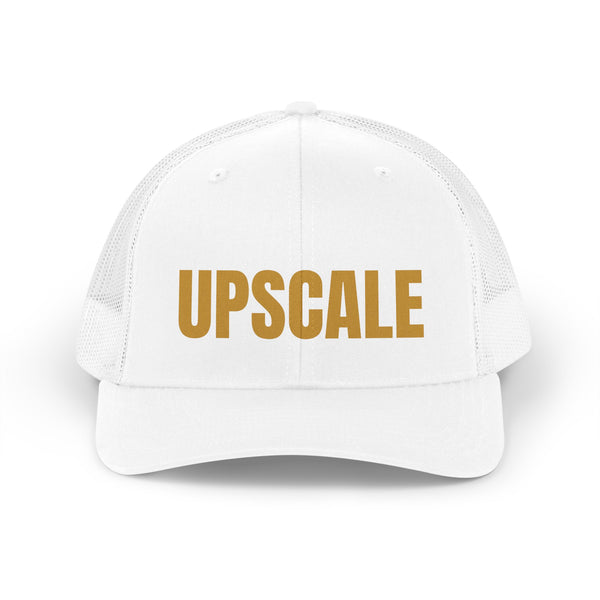 Upscale Trucker Hat — Retro Mesh Cap with 'UPSCALE' Gold Lettering